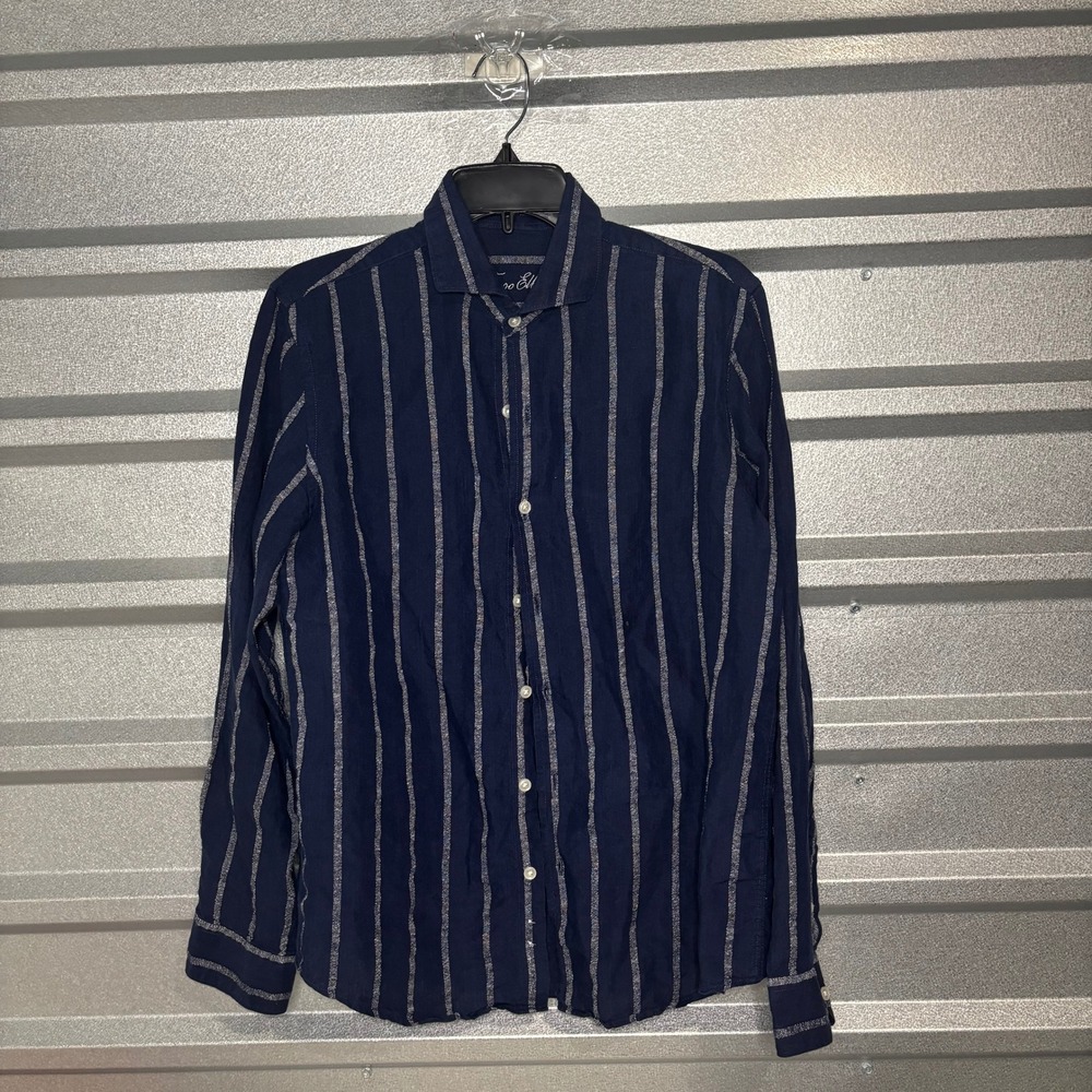 Tasso Elba Linen-Blend Striped Button-Up Shirt Men's Small Navy